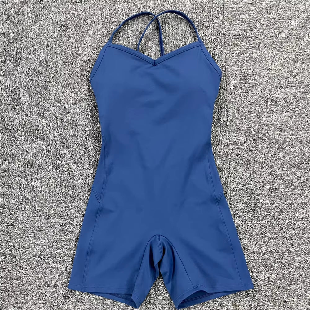 Backless Sports Woman 2023 Lycra Fitness Overalls One Piece Jumpsuit Shorts Sport Outfit Gym Workout Clothes for Women Sportwear