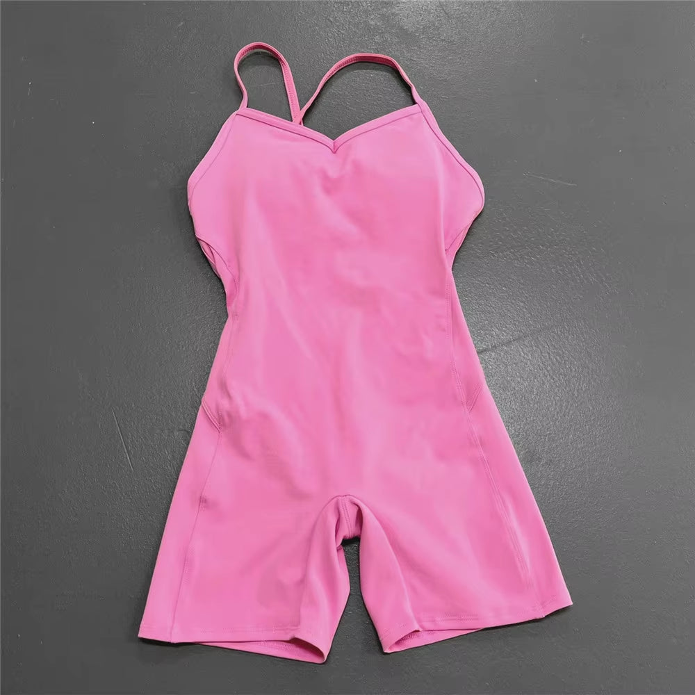 Backless Sports Woman 2023 Lycra Fitness Overalls One Piece Jumpsuit Shorts Sport Outfit Gym Workout Clothes for Women Sportwear